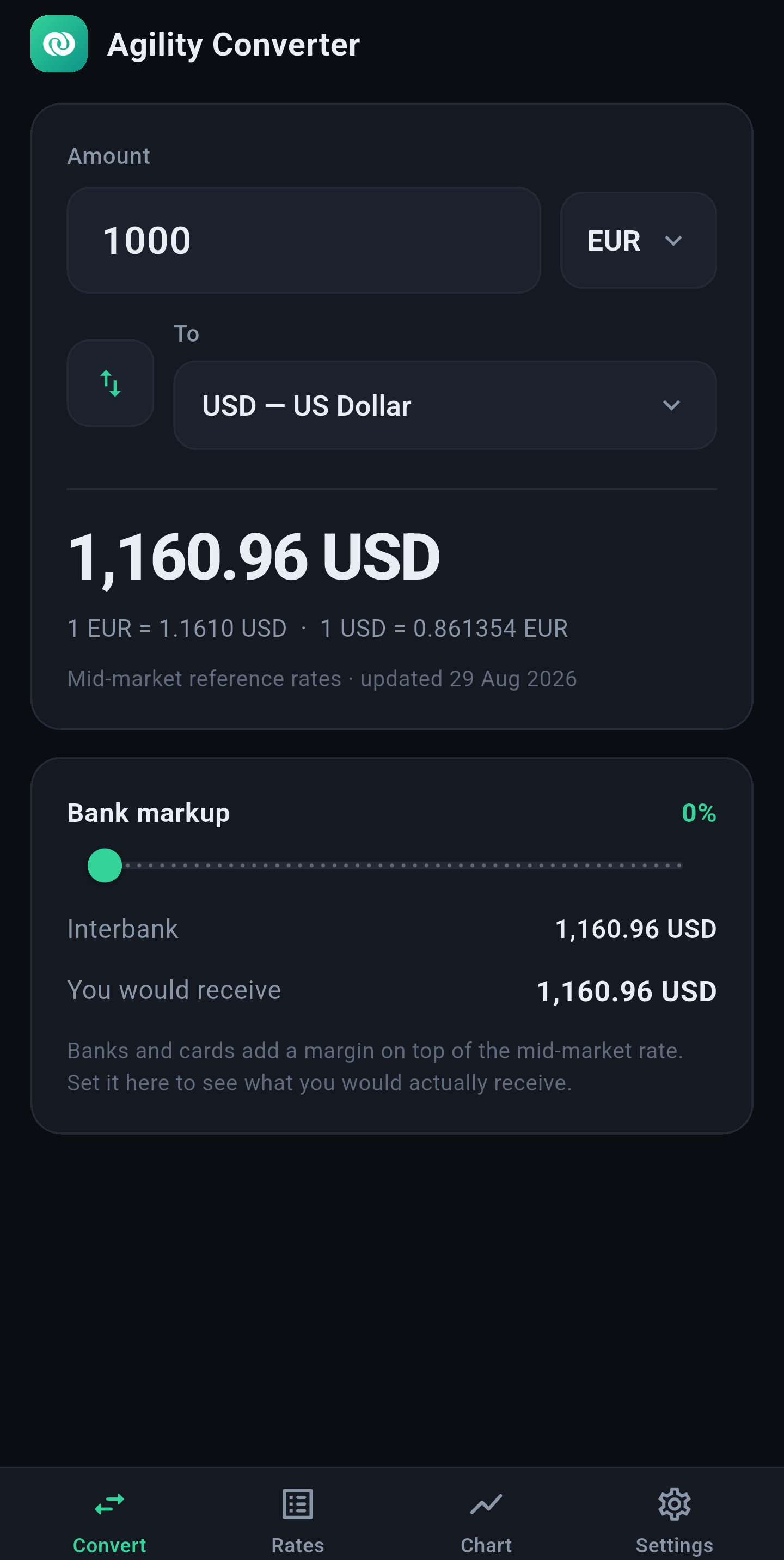 Agility - Currency Converter application showing a conversion